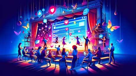 DALL·E 2024 04 26 09.46.01 A Vibrant And Dynamic Illustration Depicting A Modern Theater Setting Engaging With Social Media. The Scene Shows A Group Of Diverse Theater Actors An