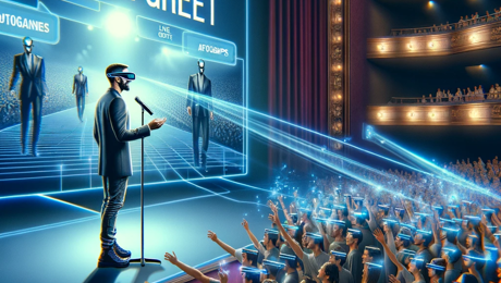 DALL·E 2024 02 01 21.05.00 A Visionary Depiction Of The Future Of Meet & Greets In The Theater World, Showcasing An Actor Engaging With Both A Live Audience And Virtual Particip