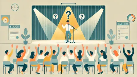 DALL·E 2024 08 24 01.07.00 A Simple And Minimal Illustration Showing A Performer On Stage Answering Questions From The Audience. The Scene Is Light And Cheerful, With Just A Few