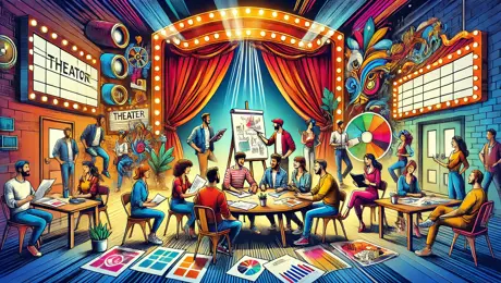 DALL·E 2024 07 08 19.26.30 A Vibrant Illustration Of A Theater Group Discussing A New Project In A Creative Setting. The Scene Includes Actors, Directors, And Artists Gathered A